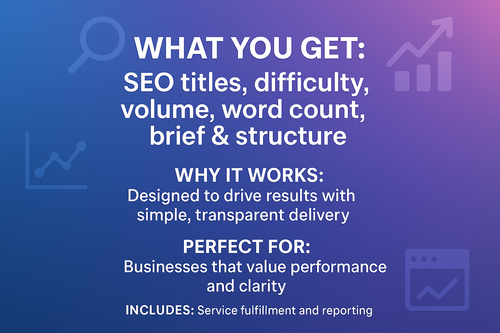 What You Get: SEO titles; difficulty; volume; word count; brief &amp; structure
Why It Works: Designed to drive results with simple, transparent delivery.
Perfect For: Businesses that value performance and clarity.
Includes: Service fulfillment and reporting..

make eye catching and high converting